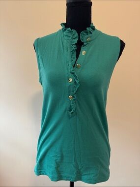 Tory Burch Green Ruffle V-Neck Sleeveless Tank